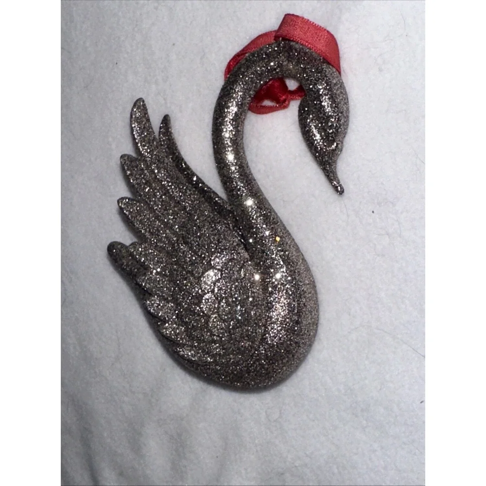 Pier One Imports Christmas Collection Glitter Silver Swan Ornament Red Ribbon